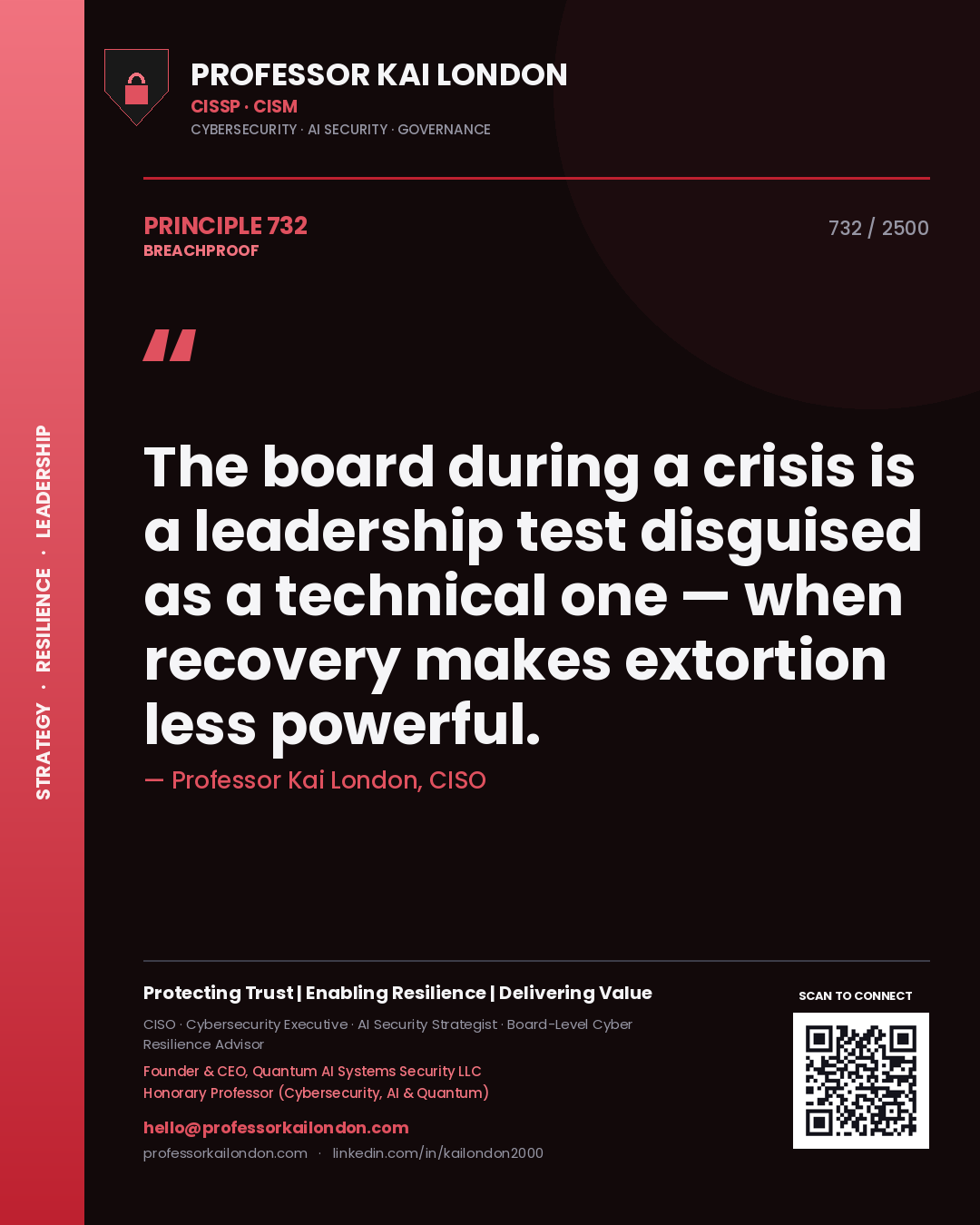 Quote card by Professor Kai London reading 'The board during a crisis is a leadership test disguised as a technical one — when recovery makes extortion less powerful.'. From the book Breachproof.