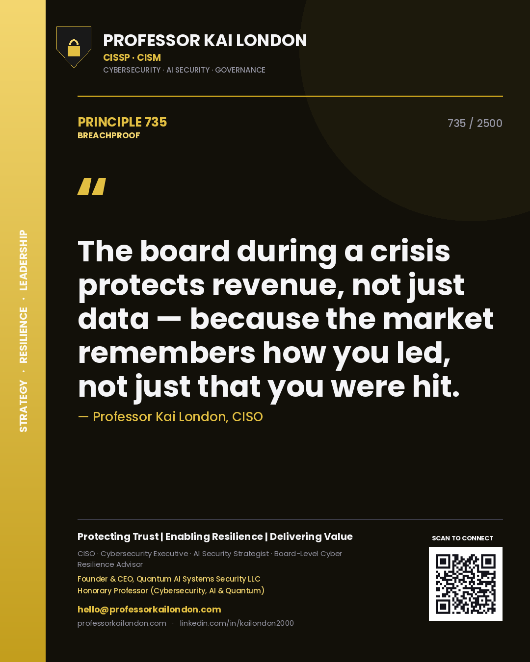 Quote card by Professor Kai London reading 'The board during a crisis protects revenue, not just data — because the market remembers how you led, not just that you were hit.'. From the book Breachproof.