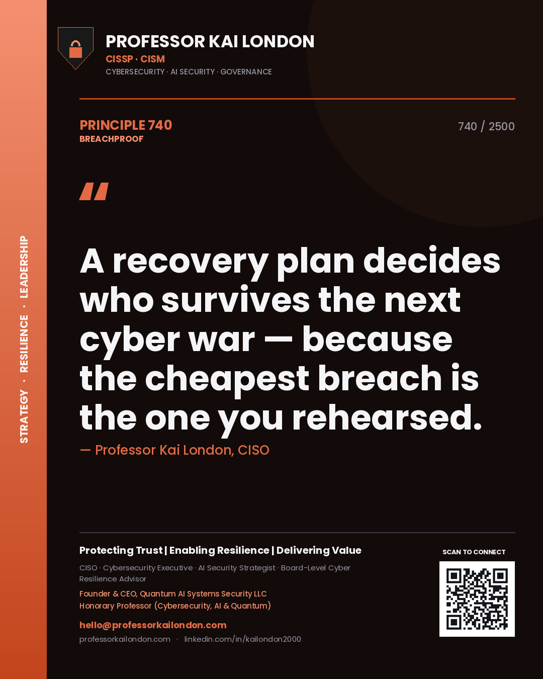 Quote card by Professor Kai London reading 'A recovery plan decides who survives the next cyber war — because the cheapest breach is the one you rehearsed.'. From the book Breachproof.