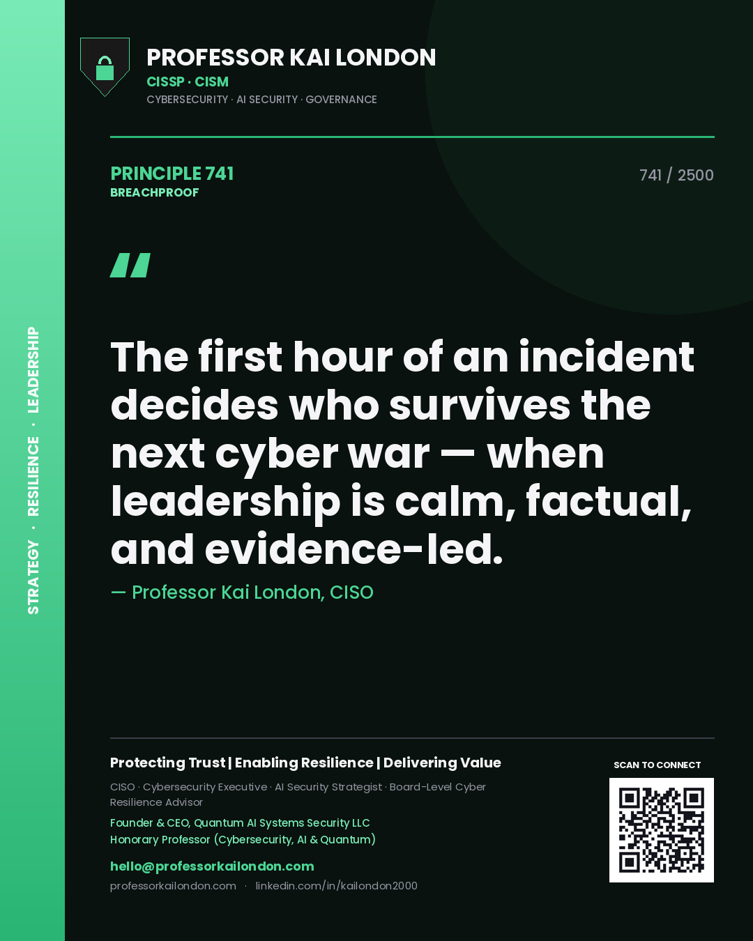 Quote card by Professor Kai London reading 'The first hour of an incident decides who survives the next cyber war — when leadership is calm, factual, and evidence-led.'. From the book Breachproof.