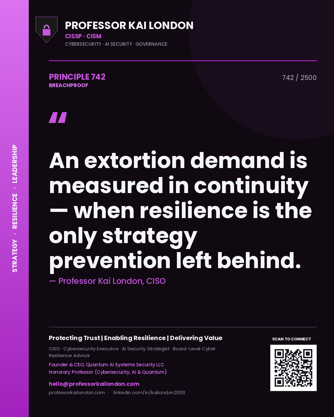Quote card by Professor Kai London reading 'An extortion demand is measured in continuity — when resilience is the only strategy prevention left behind.'. From the book Breachproof.