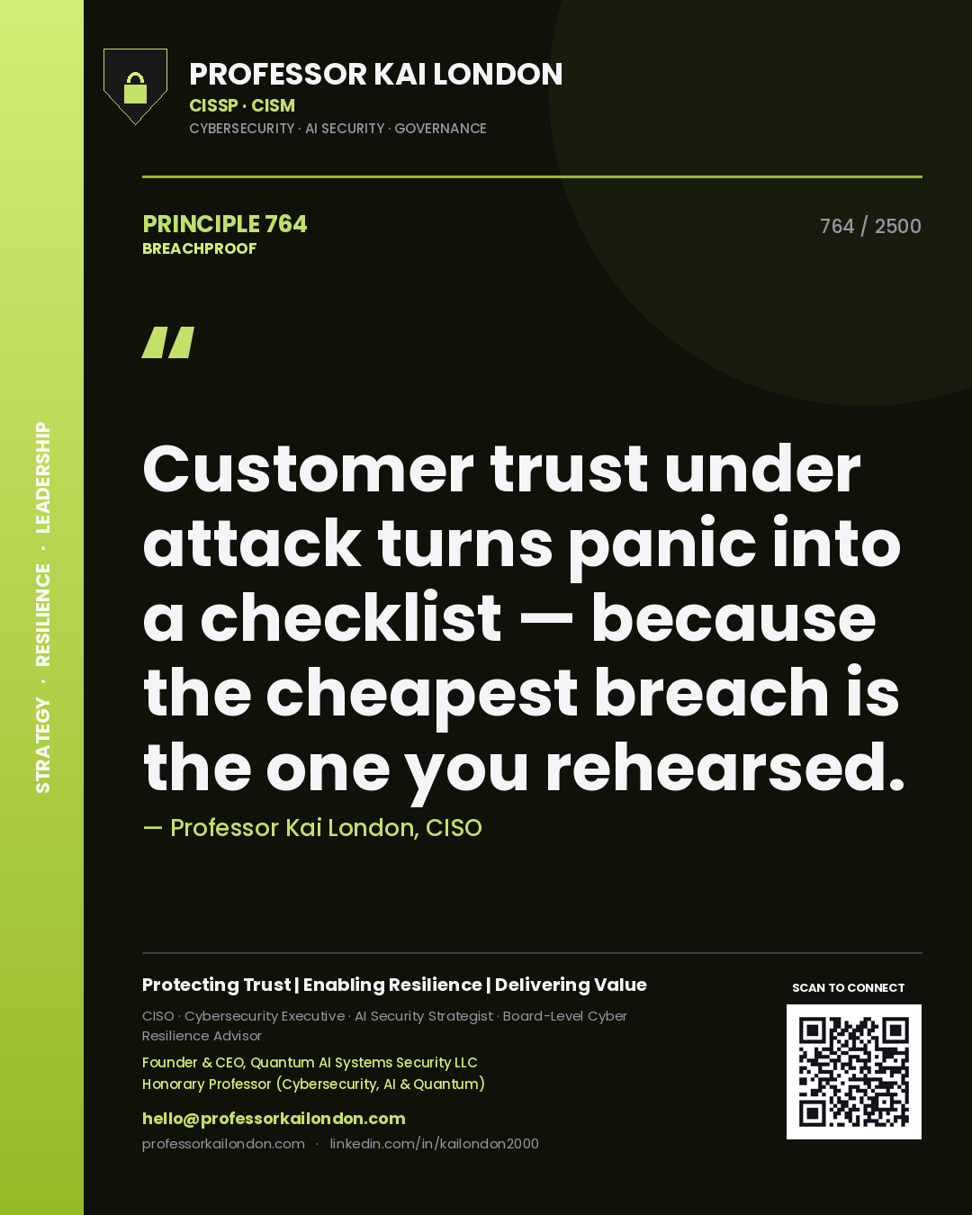 Quote card by Professor Kai London reading 'Customer trust under attack turns panic into a checklist — because the cheapest breach is the one you rehearsed.'. From the book Breachproof.