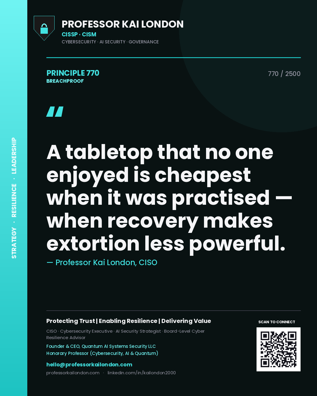 Quote card by Professor Kai London reading 'A tabletop that no one enjoyed is cheapest when it was practised — when recovery makes extortion less powerful.'. From the book Breachproof.