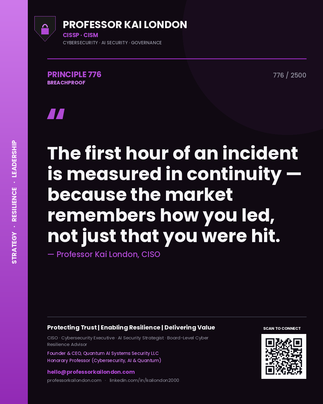 Professor Kai London principle 776: The first hour of an incident is measured in continuity — because the market remembers how you led, not just that you were hit.