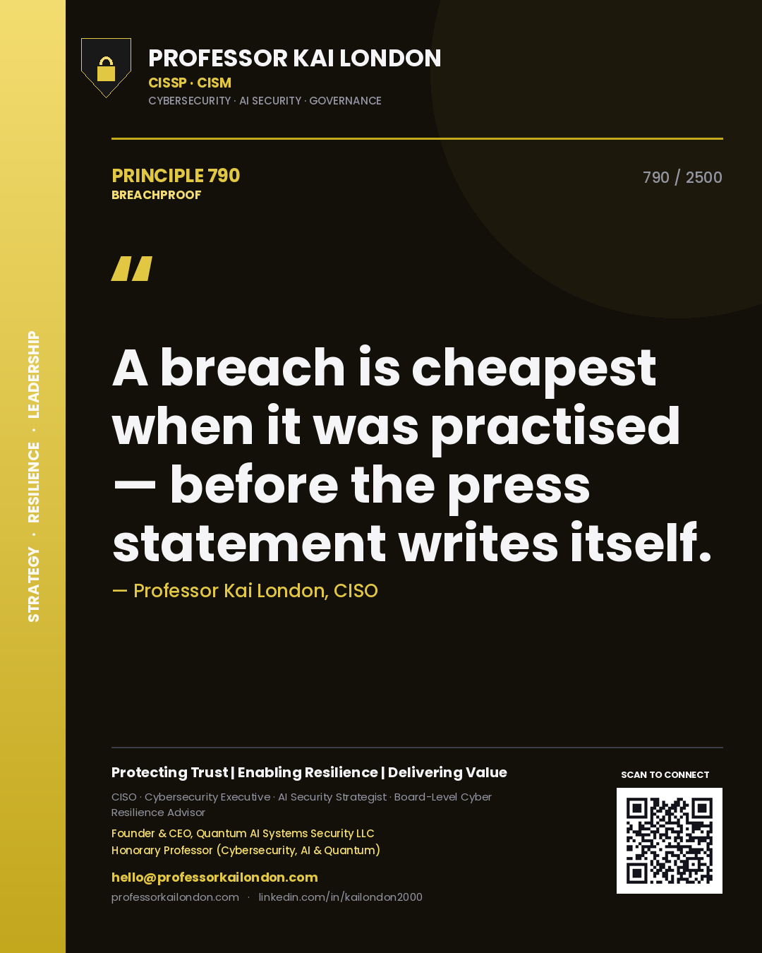 Quote card by Professor Kai London reading 'A breach is cheapest when it was practised — before the press statement writes itself.'. From the book Breachproof.
