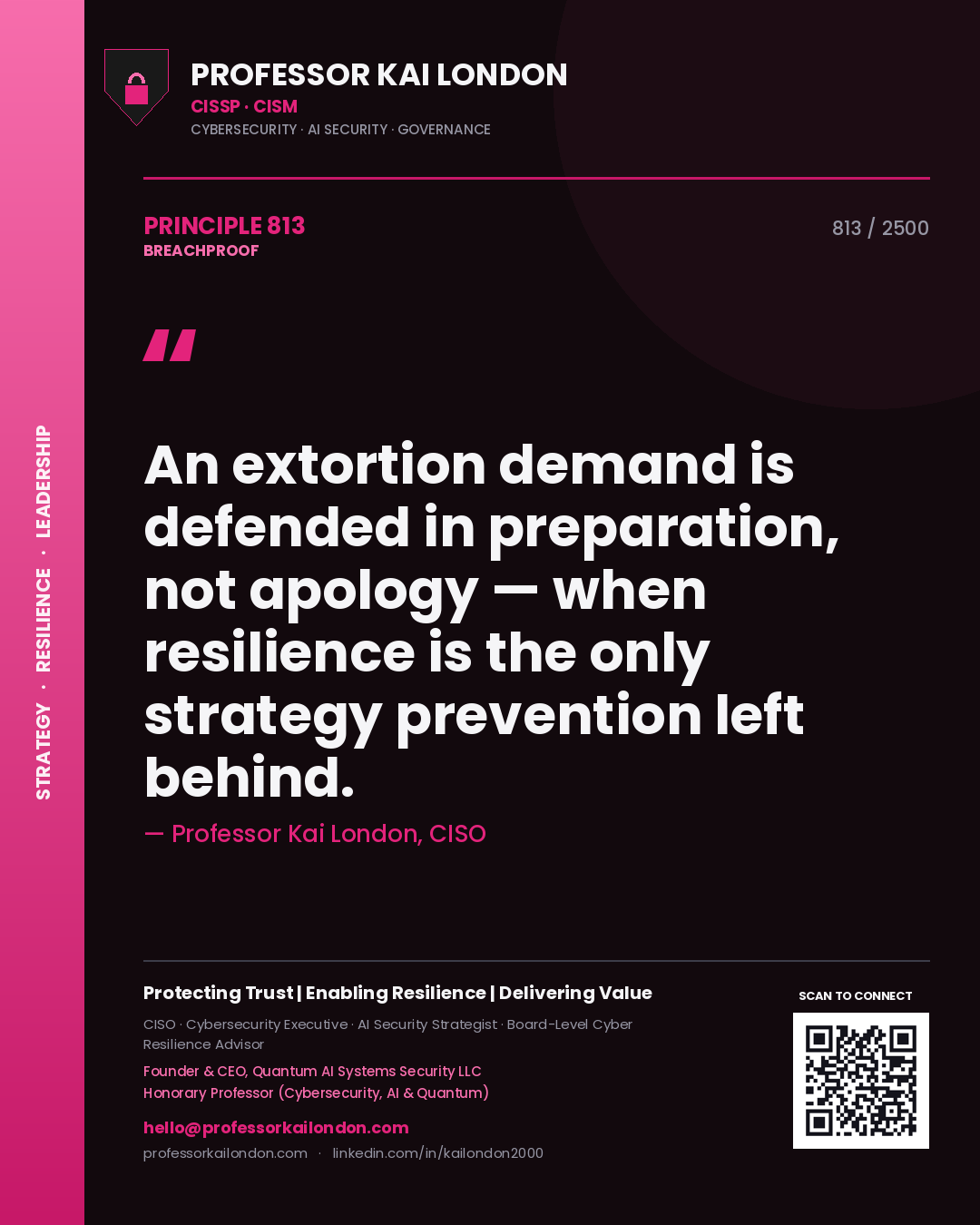 Professor Kai London principle 813: An extortion demand is defended in preparation, not apology — when resilience is the only strategy prevention left behind.
