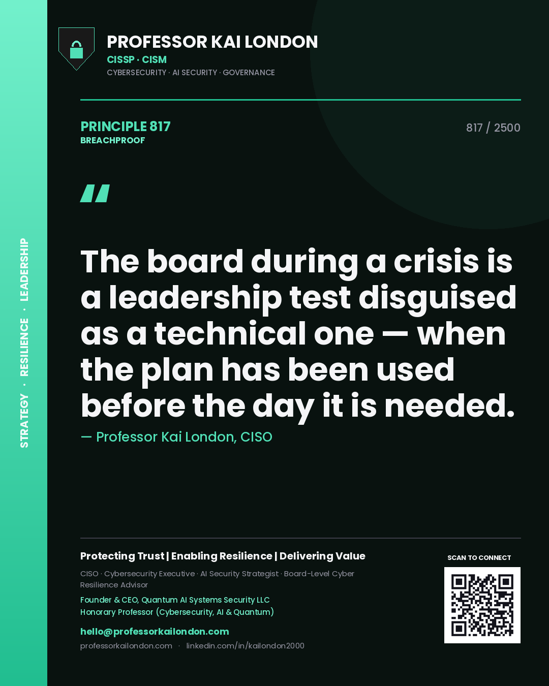 Quote card by Professor Kai London reading 'The board during a crisis is a leadership test disguised as a technical one — when the plan has been used before the day it is needed.'. From the book Breachproof.