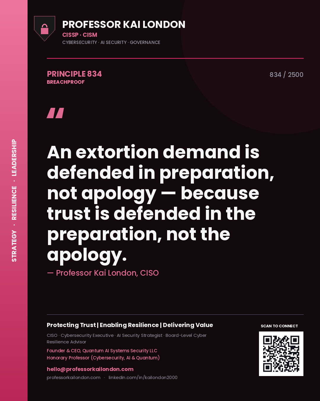 Quote card by Professor Kai London reading 'An extortion demand is defended in preparation, not apology — because trust is defended in the preparation, not the apology.'. From the book Breachproof.
