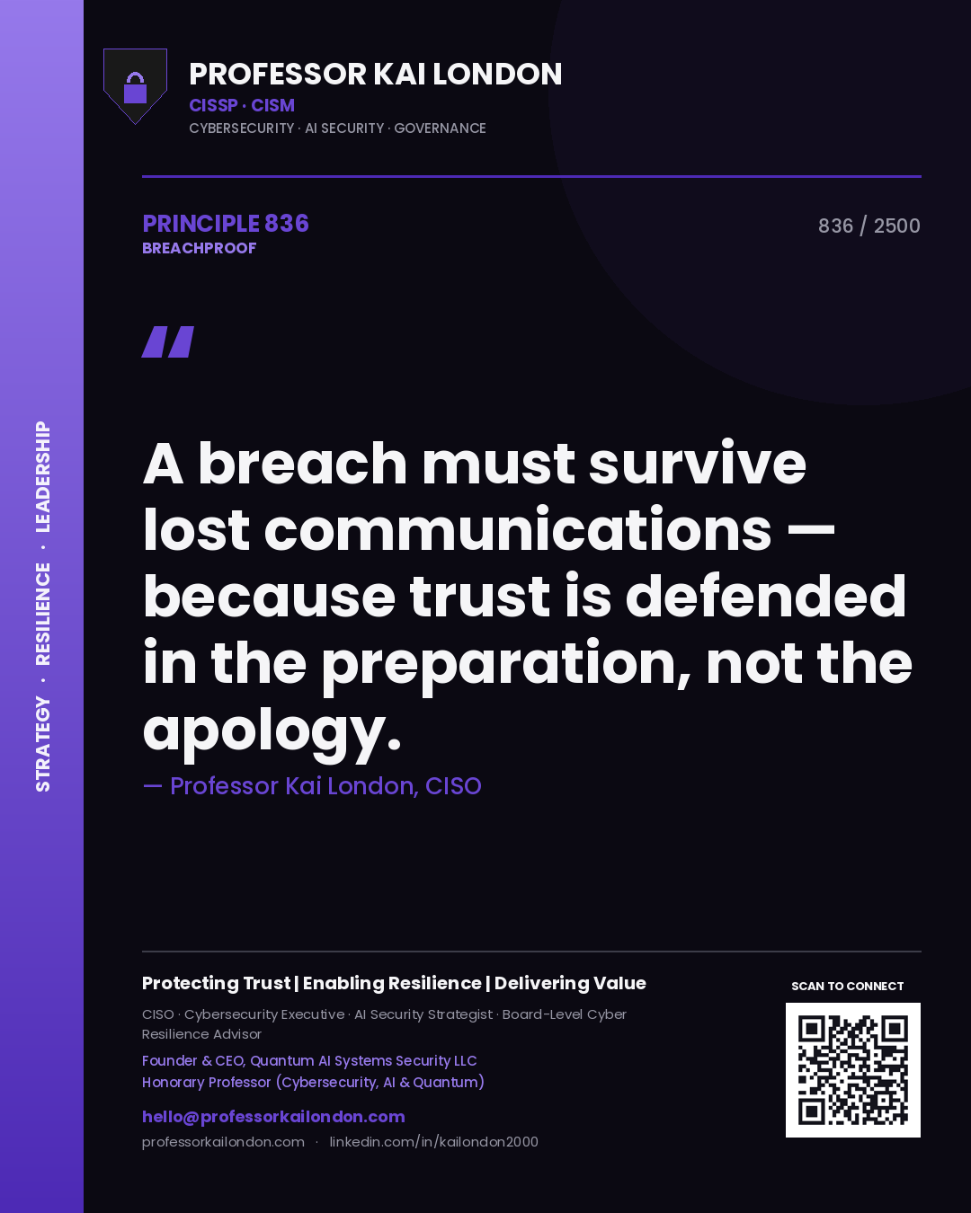 Professor Kai London principle 836: A breach must survive lost communications — because trust is defended in the preparation, not the apology.
