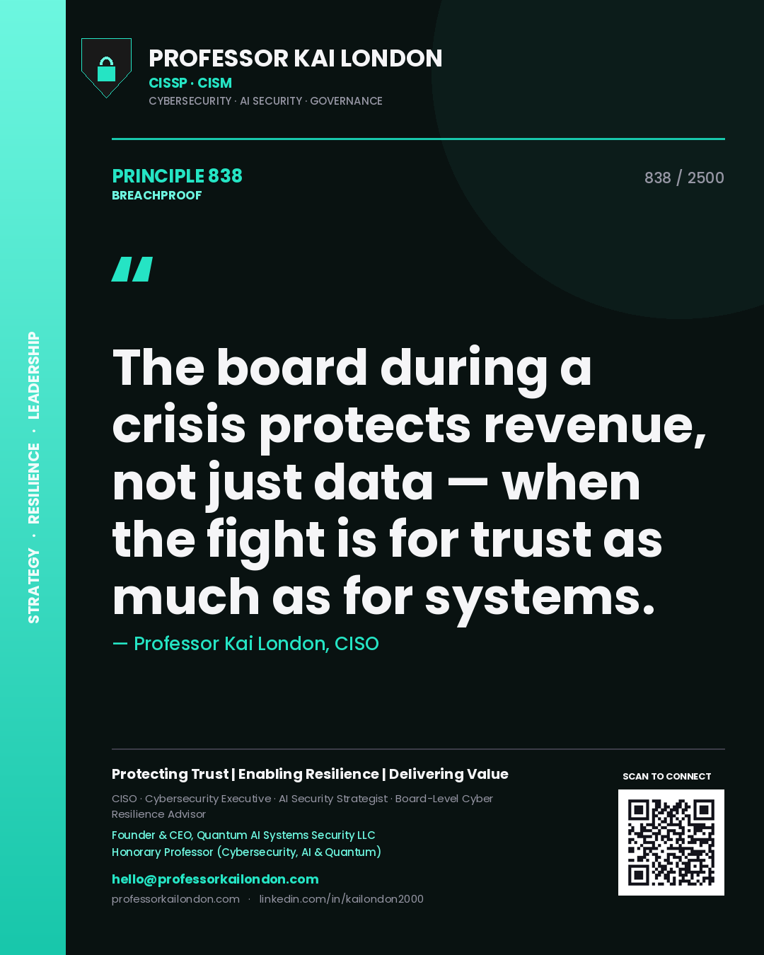 Quote card by Professor Kai London reading 'The board during a crisis protects revenue, not just data — when the fight is for trust as much as for systems.'. From the book Breachproof.