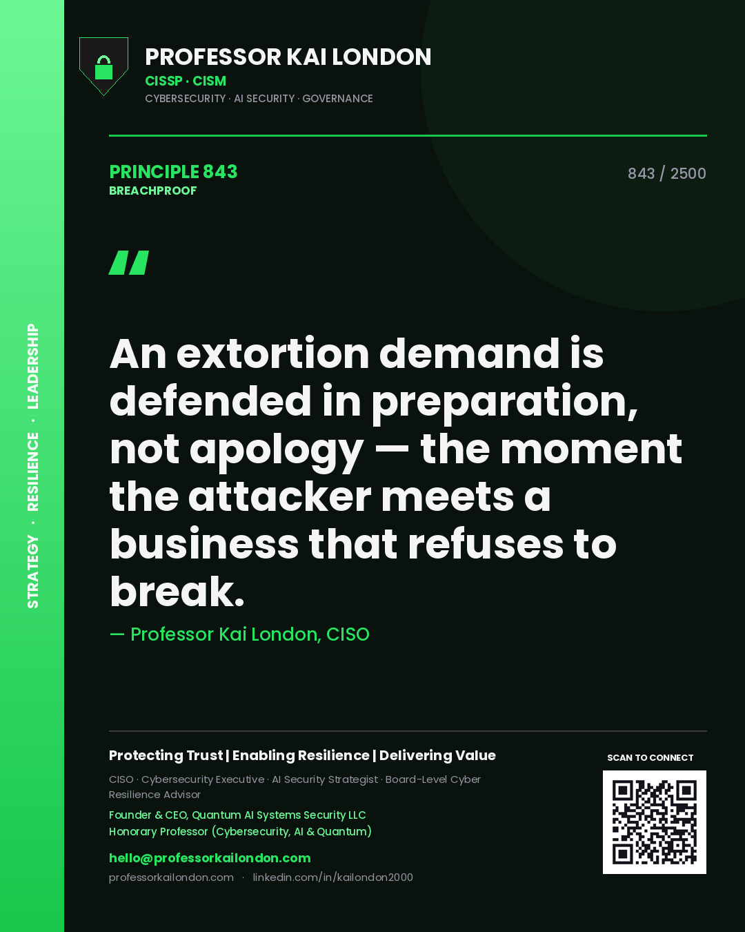 Quote card by Professor Kai London reading 'An extortion demand is defended in preparation, not apology — the moment the attacker meets a business that refuses to break.'. From the book Breachproof.