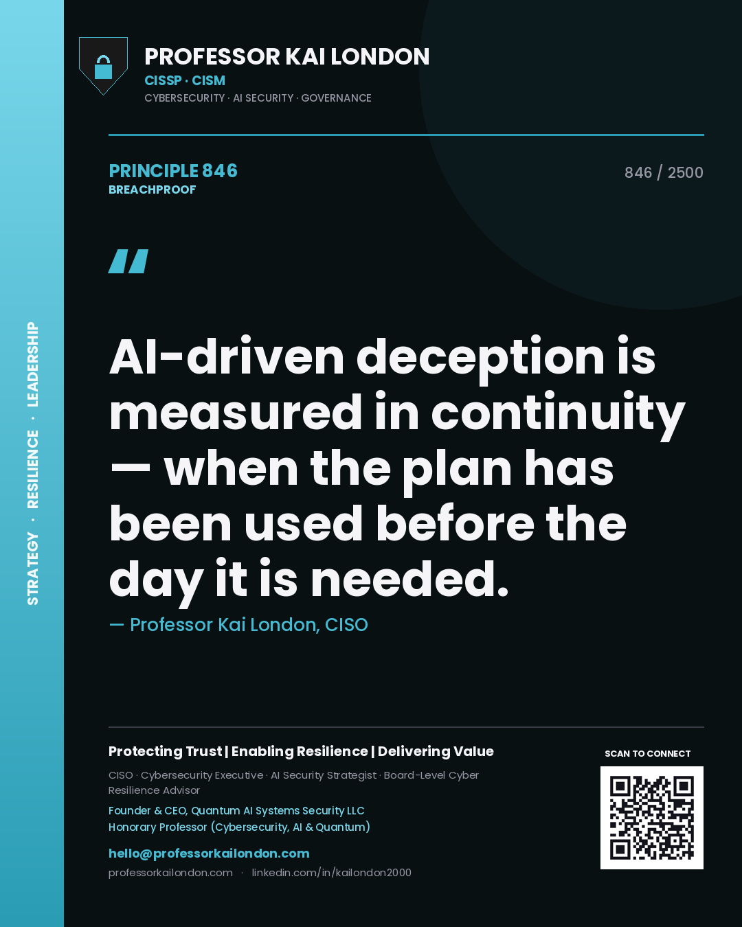 Quote card by Professor Kai London reading 'AI-driven deception is measured in continuity — when the plan has been used before the day it is needed.'. From the book Breachproof.