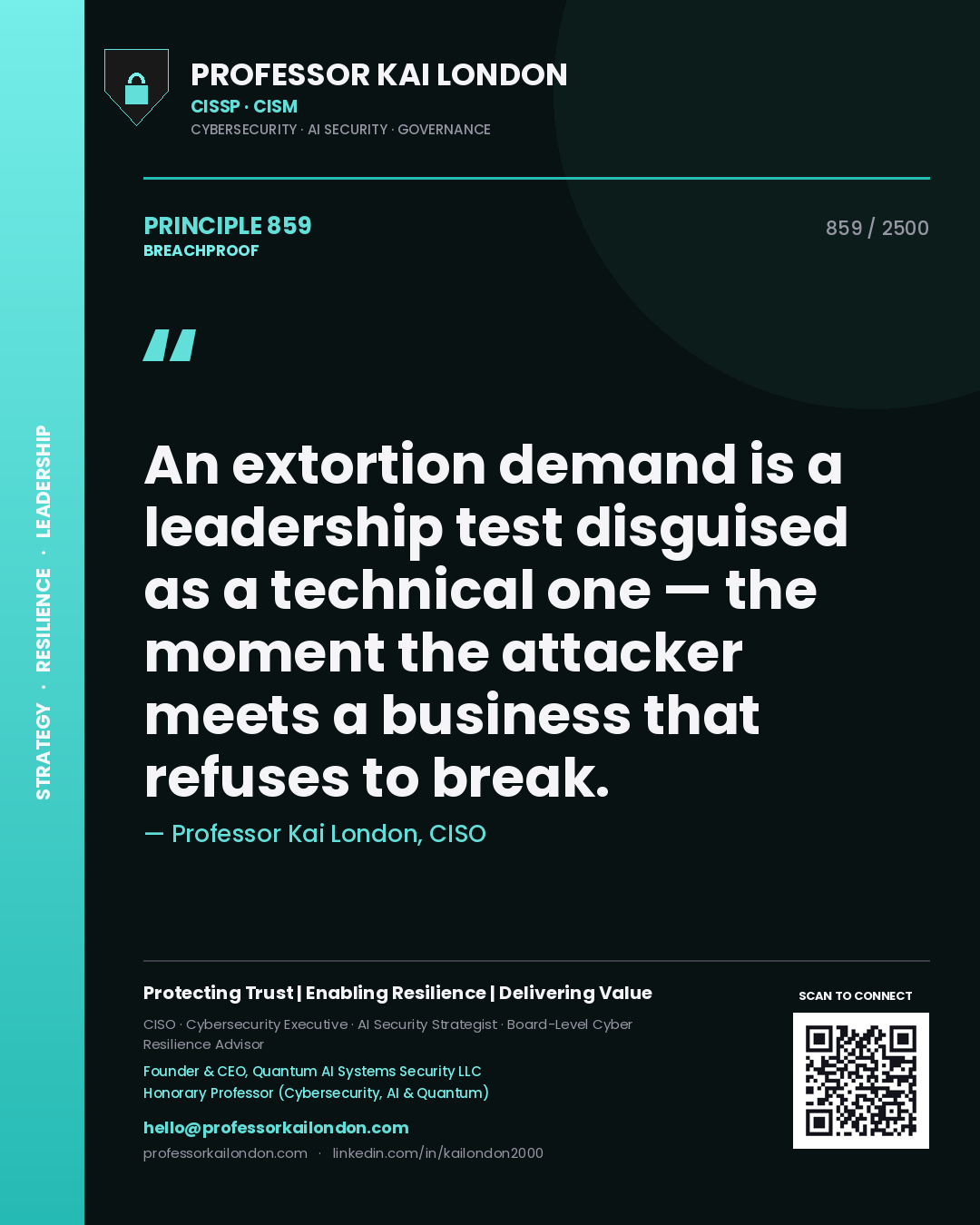Quote card by Professor Kai London reading 'An extortion demand is a leadership test disguised as a technical one — the moment the attacker meets a business that refuses to break.'. From the book Breachproof.