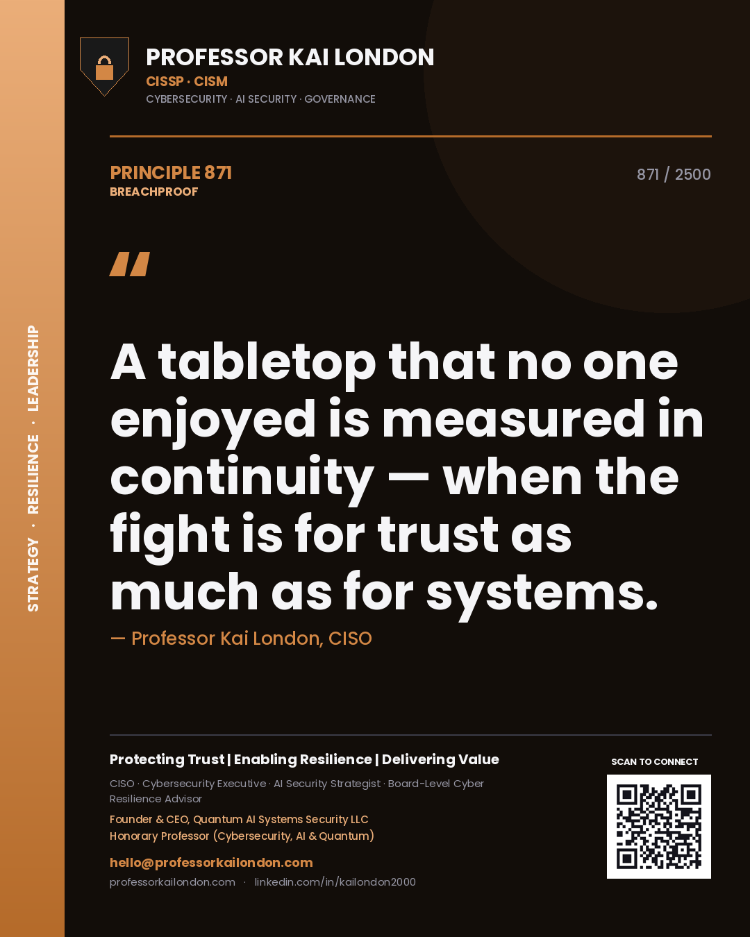 Quote card by Professor Kai London reading 'A tabletop that no one enjoyed is measured in continuity — when the fight is for trust as much as for systems.'. From the book Breachproof.