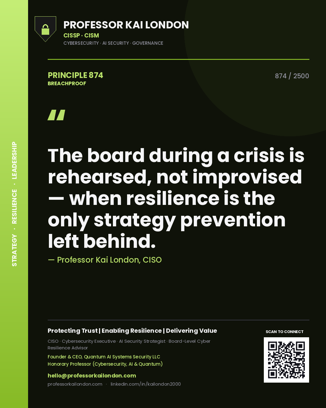 Professor Kai London principle 874: The board during a crisis is rehearsed, not improvised — when resilience is the only strategy prevention left behind.
