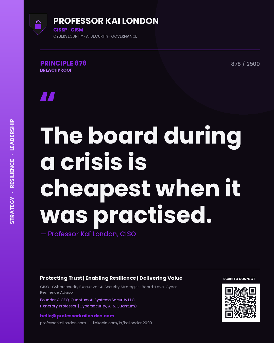 Quote card by Professor Kai London reading 'The board during a crisis is cheapest when it was practised.'. From the book Breachproof.