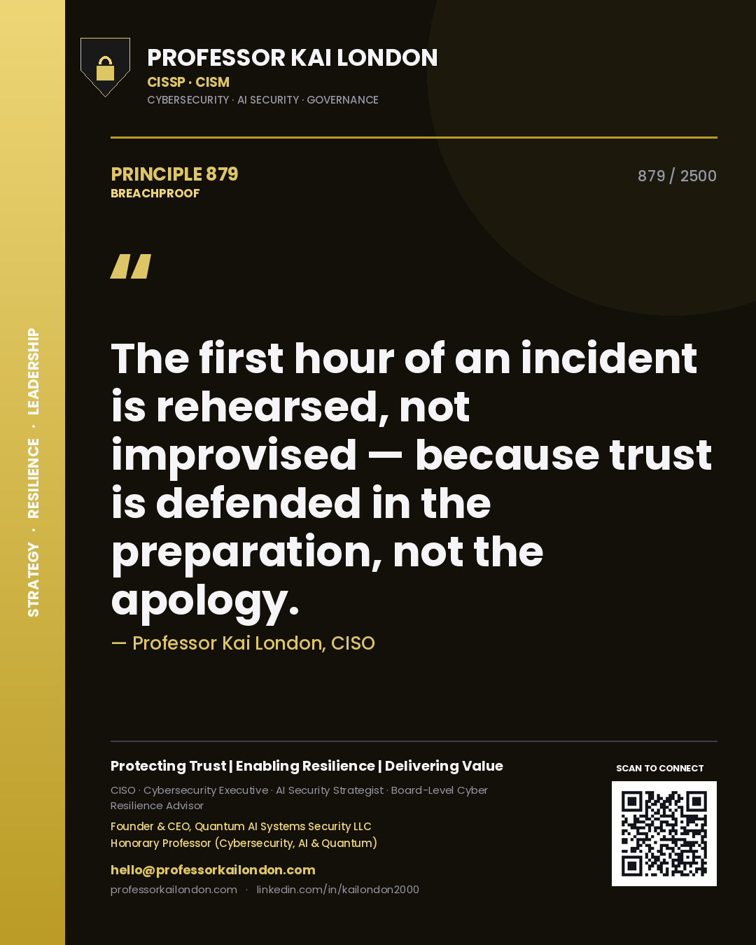 Quote card by Professor Kai London reading 'The first hour of an incident is rehearsed, not improvised — because trust is defended in the preparation, not the apology.'. From the book Breachproof.