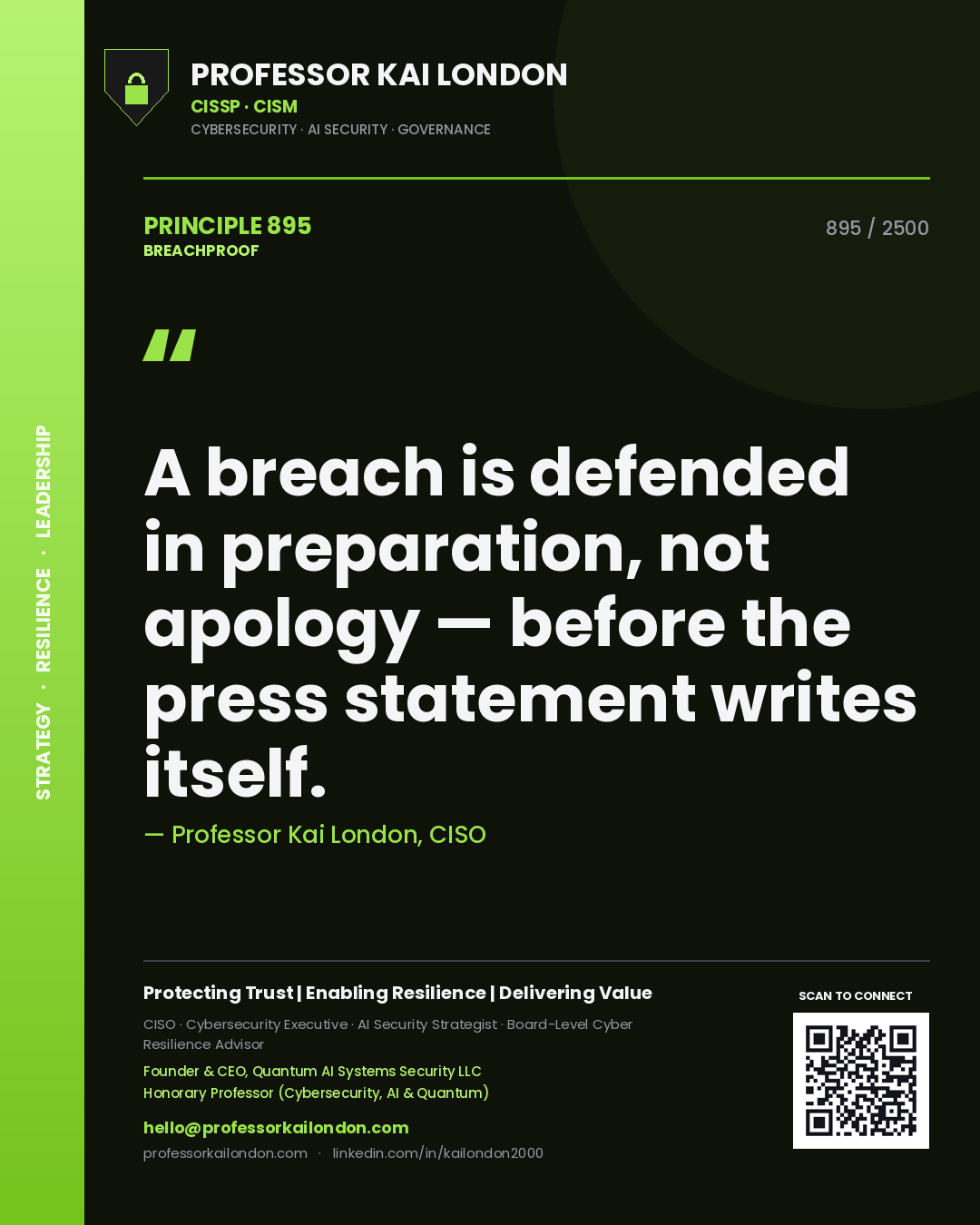 Professor Kai London principle 895: A breach is defended in preparation, not apology — before the press statement writes itself.
