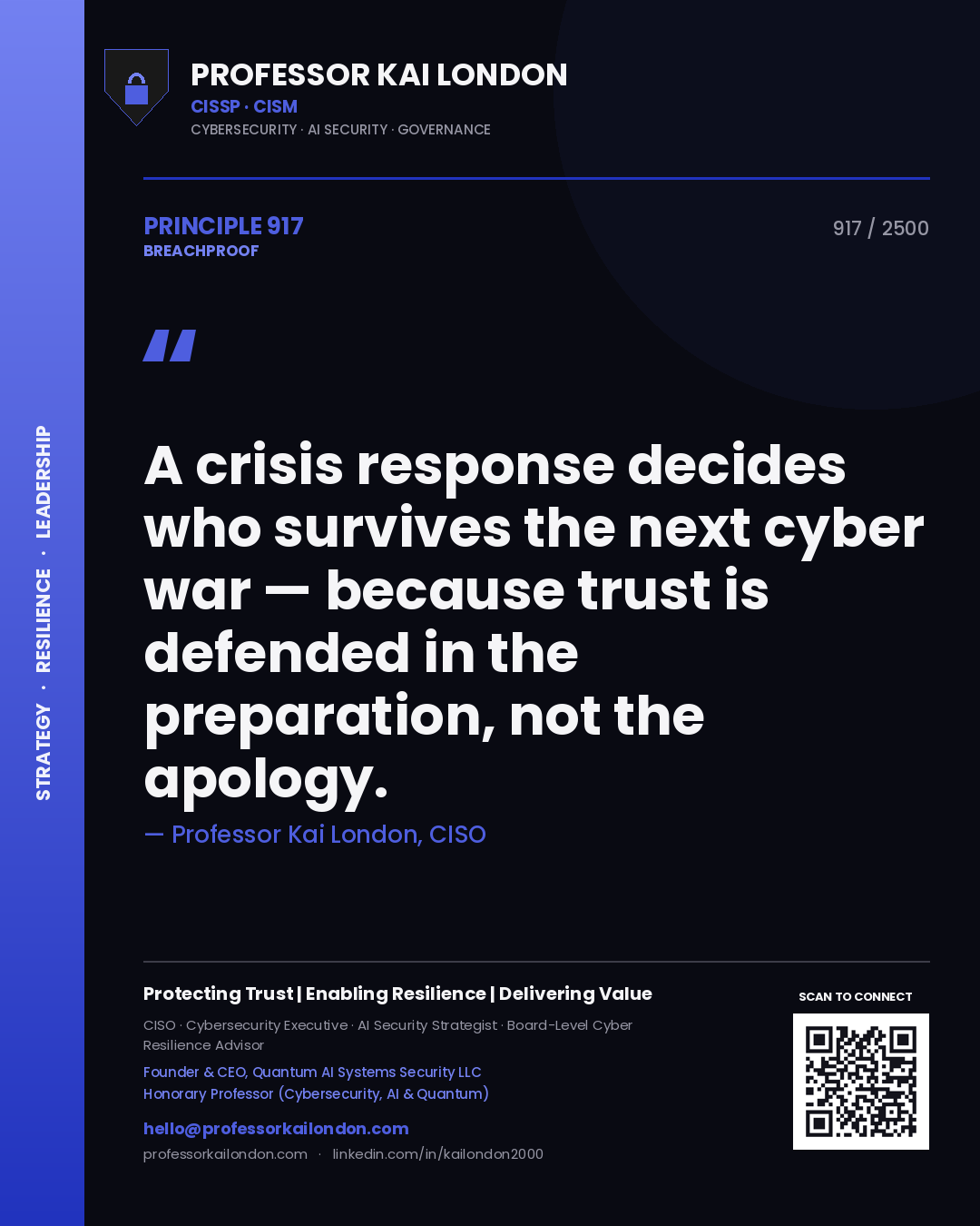 Quote card by Professor Kai London reading 'A crisis response decides who survives the next cyber war — because trust is defended in the preparation, not the apology.'. From the book Breachproof.