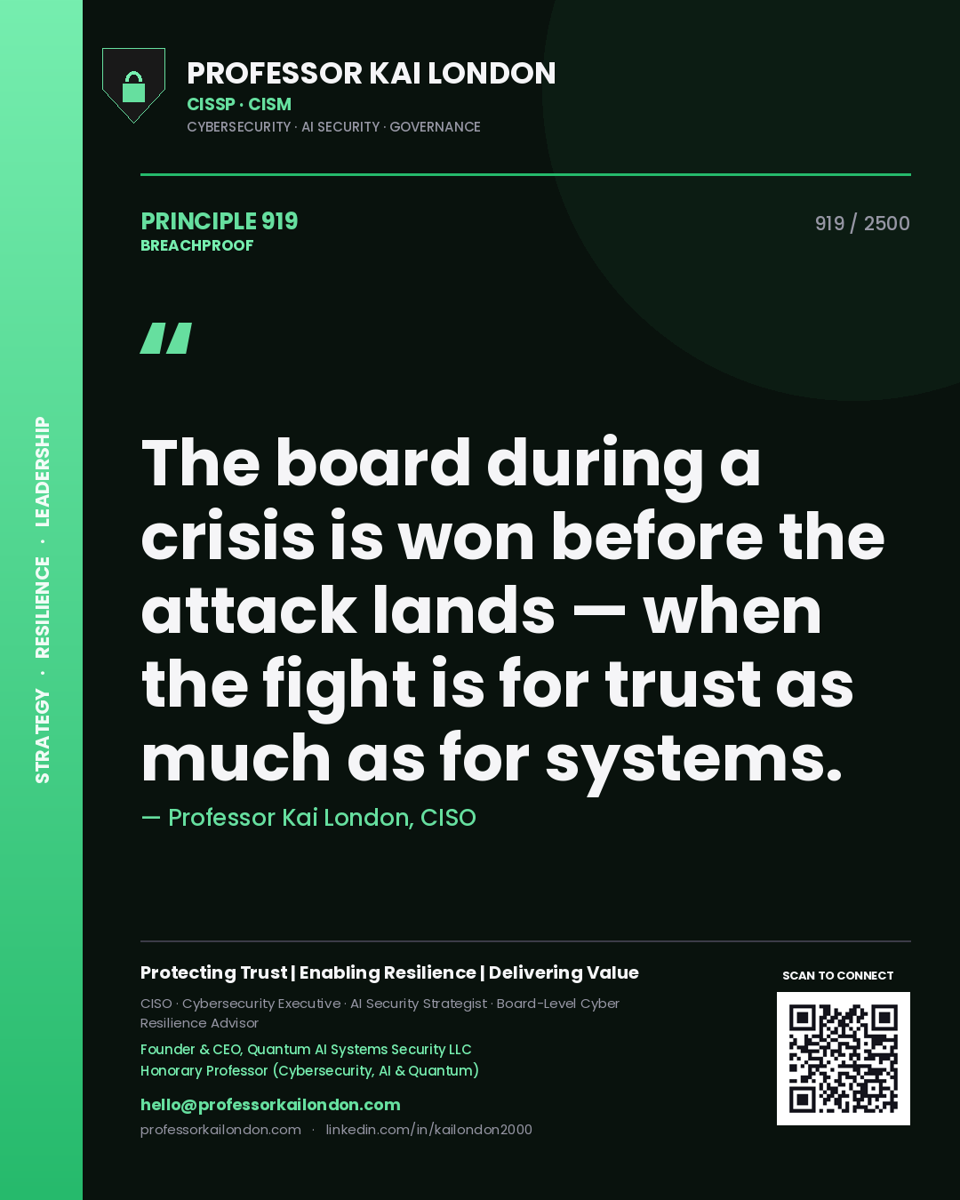 Quote card by Professor Kai London reading 'The board during a crisis is won before the attack lands — when the fight is for trust as much as for systems.'. From the book Breachproof.