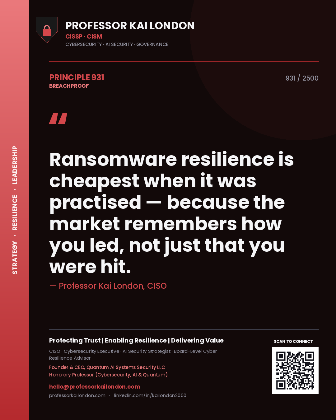 Quote card by Professor Kai London reading 'Ransomware resilience is cheapest when it was practised — because the market remembers how you led, not just that you were hit.'. From the book Breachproof.