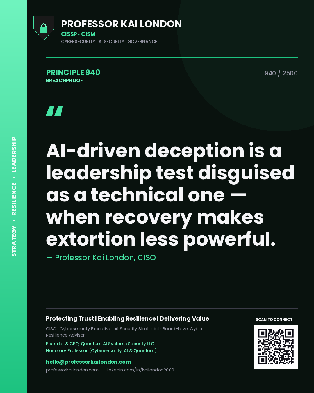 Quote card by Professor Kai London reading 'AI-driven deception is a leadership test disguised as a technical one — when recovery makes extortion less powerful.'. From the book Breachproof.