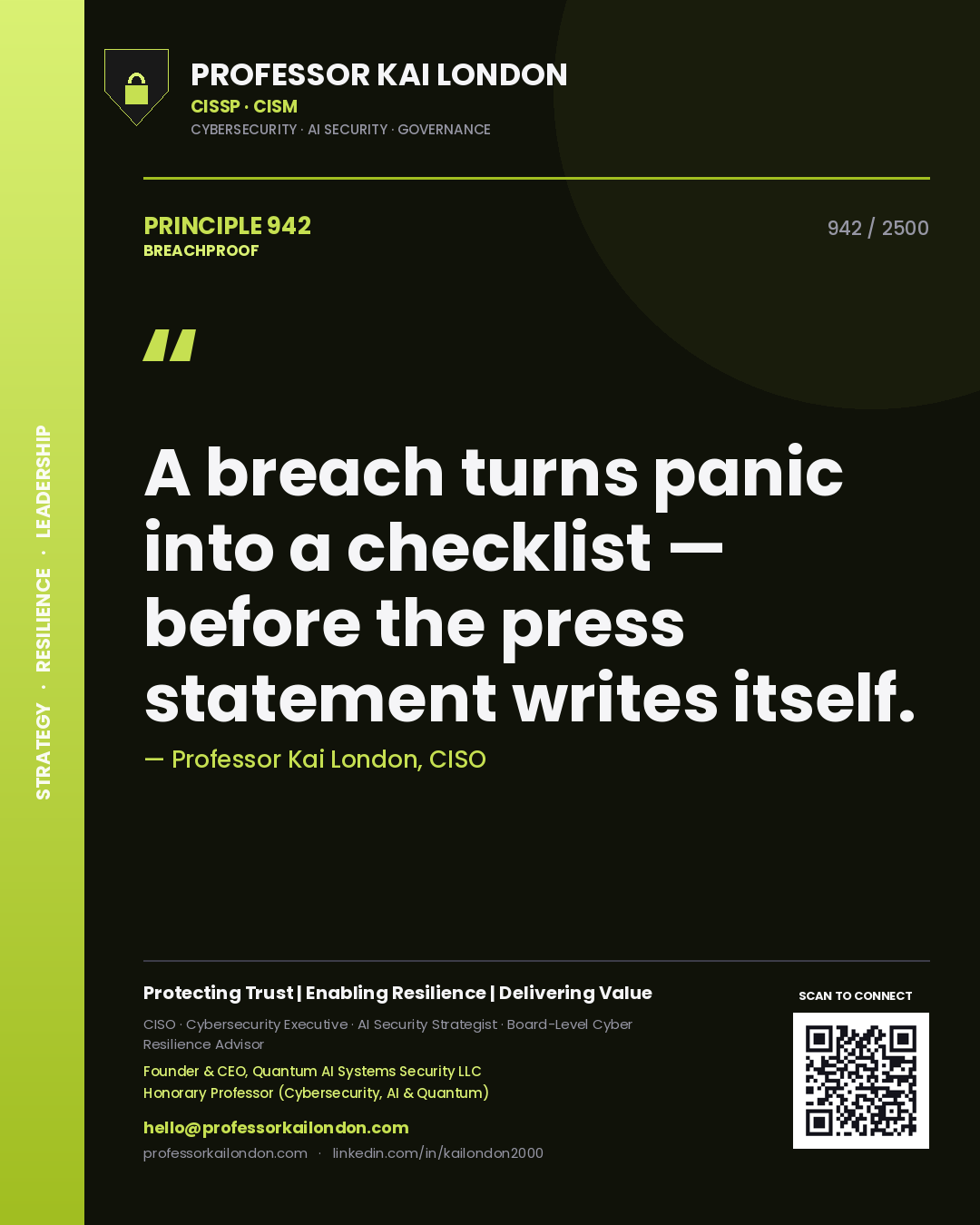 Quote card by Professor Kai London reading 'A breach turns panic into a checklist — before the press statement writes itself.'. From the book Breachproof.