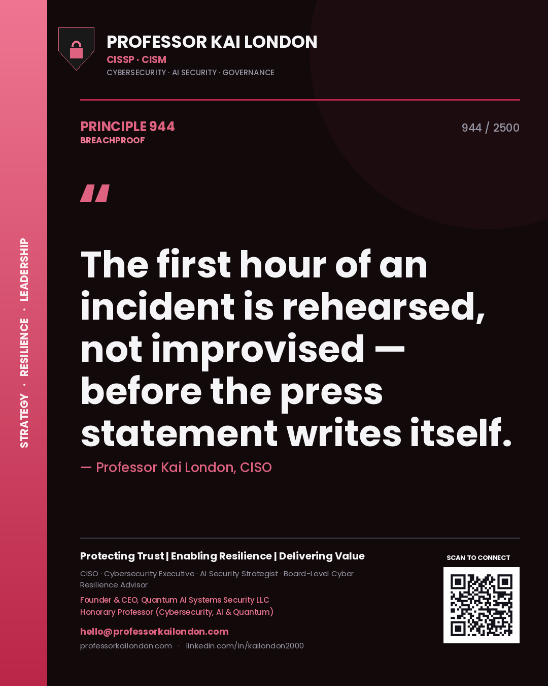 Quote card by Professor Kai London reading 'The first hour of an incident is rehearsed, not improvised — before the press statement writes itself.'. From the book Breachproof.