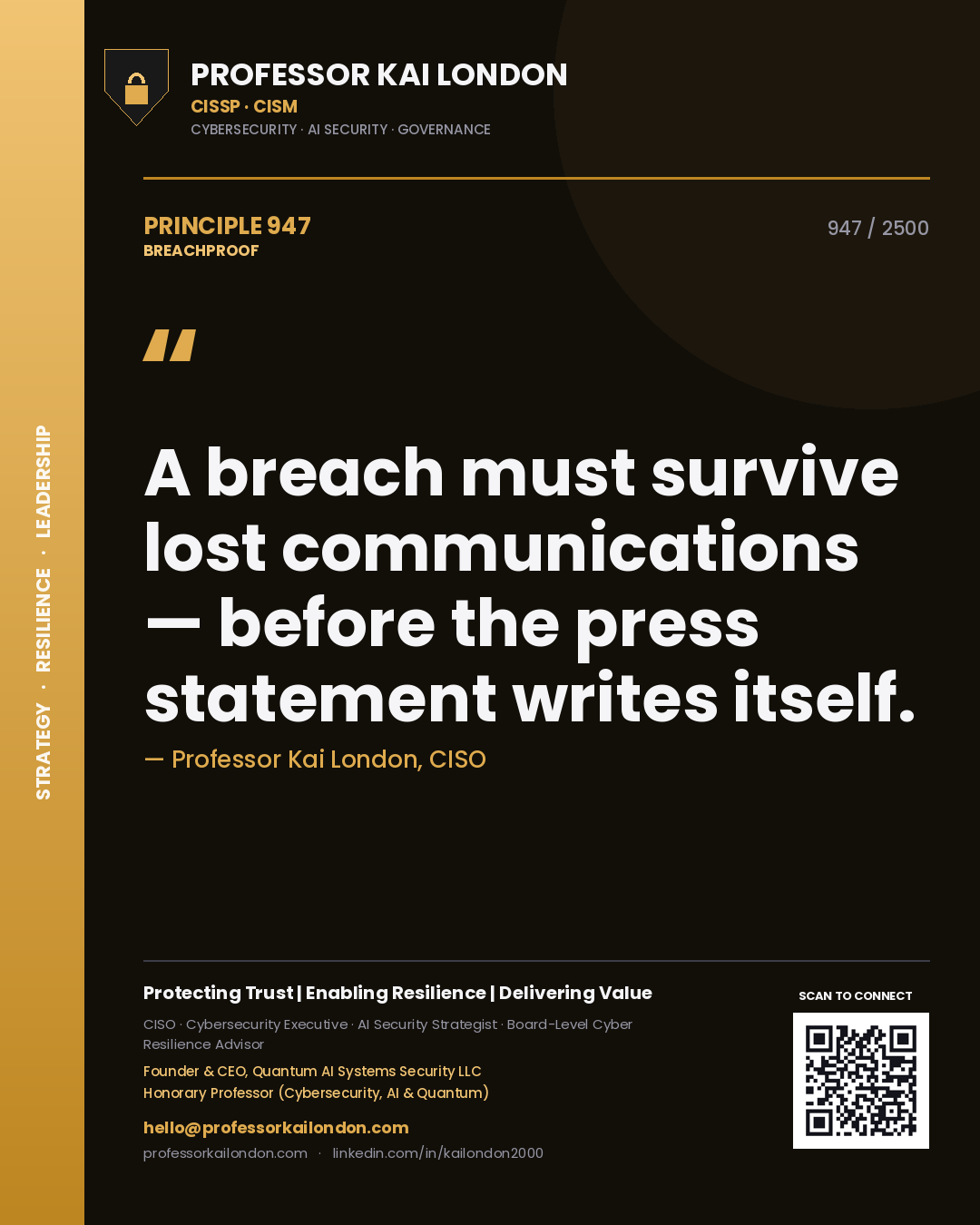 Quote card by Professor Kai London reading 'A breach must survive lost communications — before the press statement writes itself.'. From the book Breachproof.