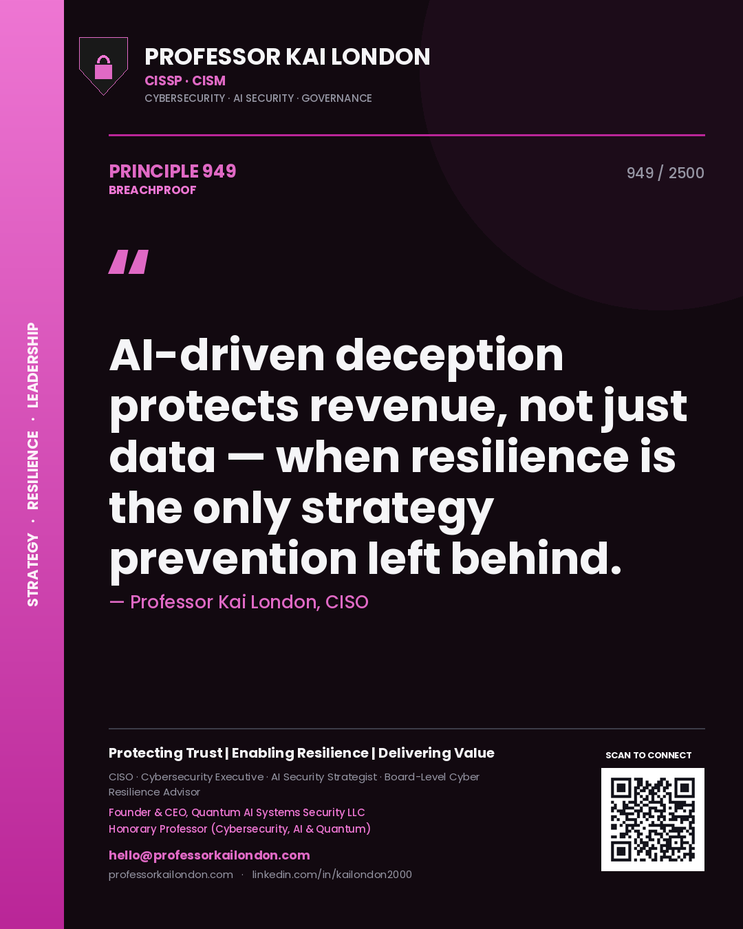 Quote card by Professor Kai London reading 'AI-driven deception protects revenue, not just data — when resilience is the only strategy prevention left behind.'. From the book Breachproof.