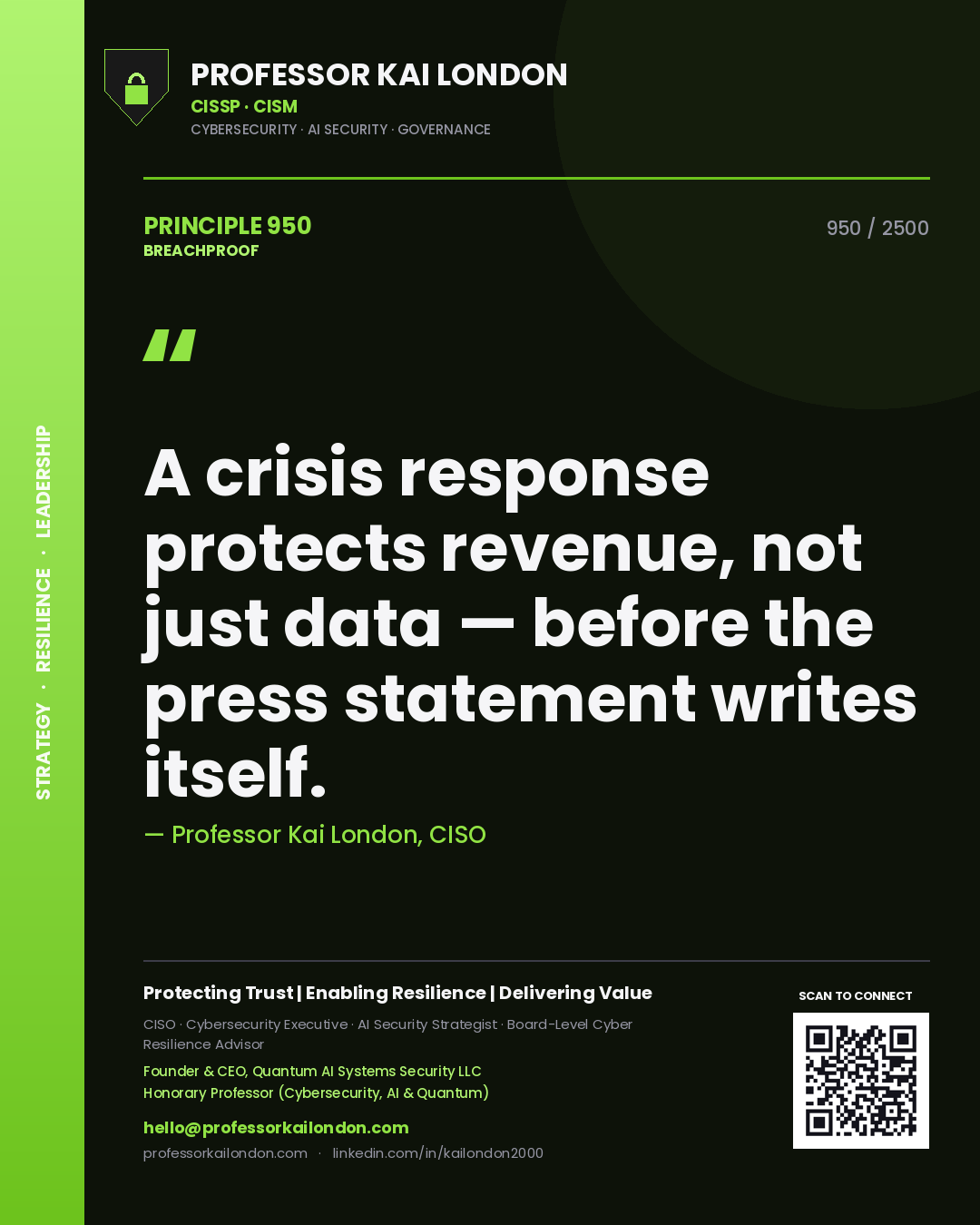 Quote card by Professor Kai London reading 'A crisis response protects revenue, not just data — before the press statement writes itself.'. From the book Breachproof.