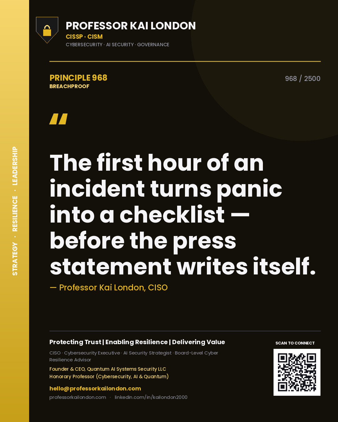 Quote card by Professor Kai London reading 'The first hour of an incident turns panic into a checklist — before the press statement writes itself.'. From the book Breachproof.