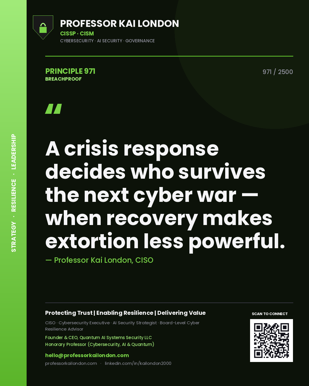 Quote card by Professor Kai London reading 'A crisis response decides who survives the next cyber war — when recovery makes extortion less powerful.'. From the book Breachproof.