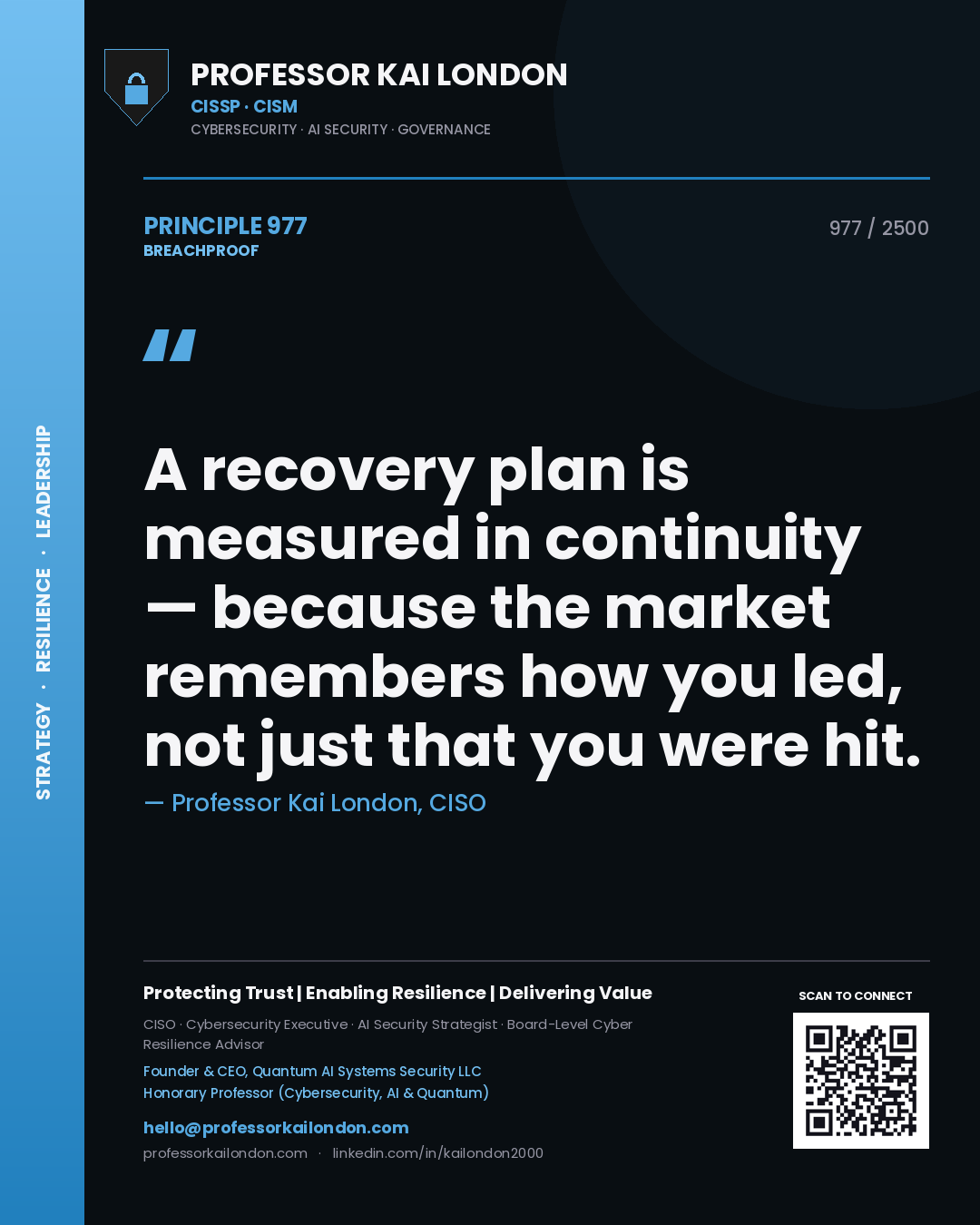 Quote card by Professor Kai London reading 'A recovery plan is measured in continuity — because the market remembers how you led, not just that you were hit.'. From the book Breachproof.