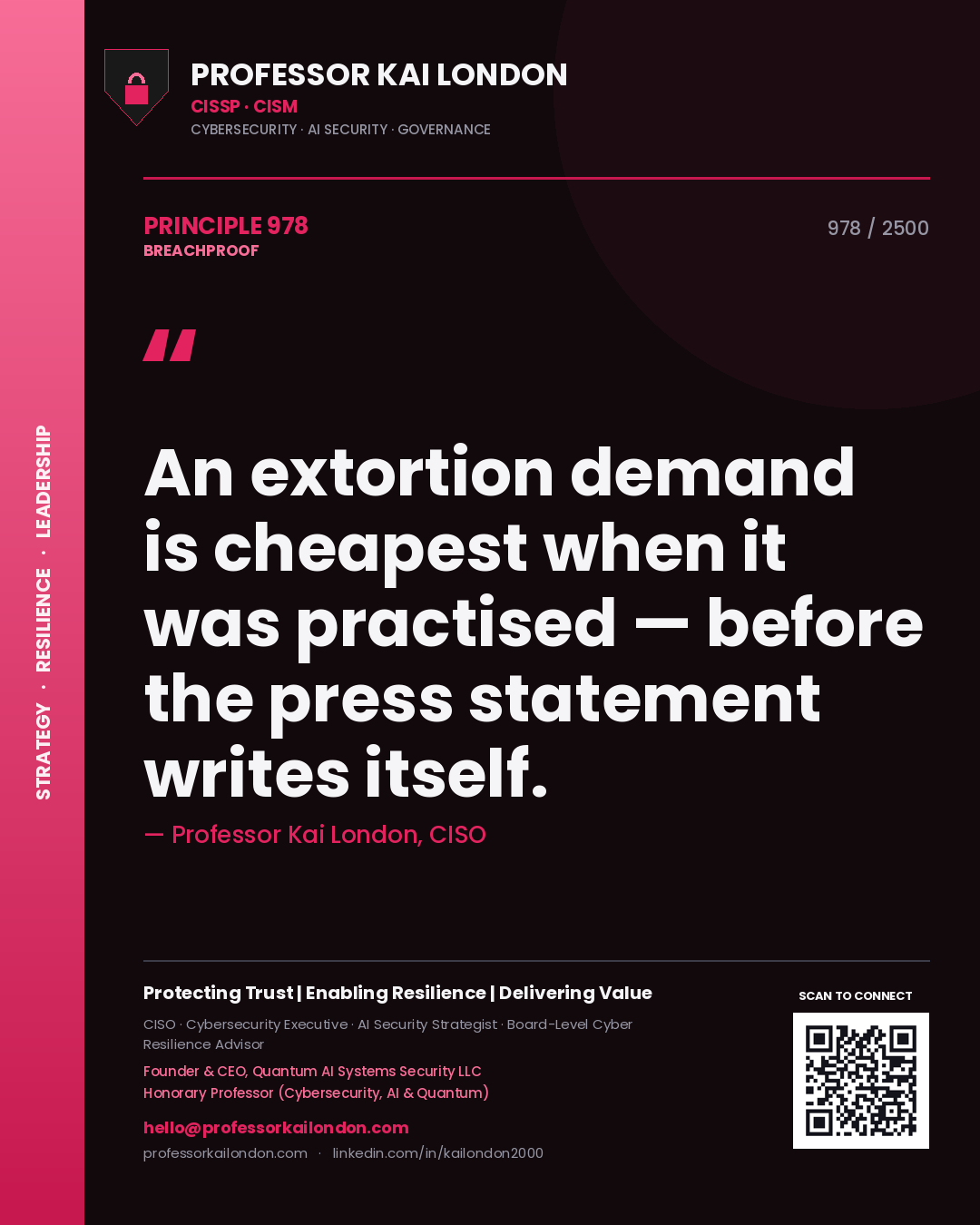Professor Kai London principle 978: An extortion demand is cheapest when it was practised — before the press statement writes itself.