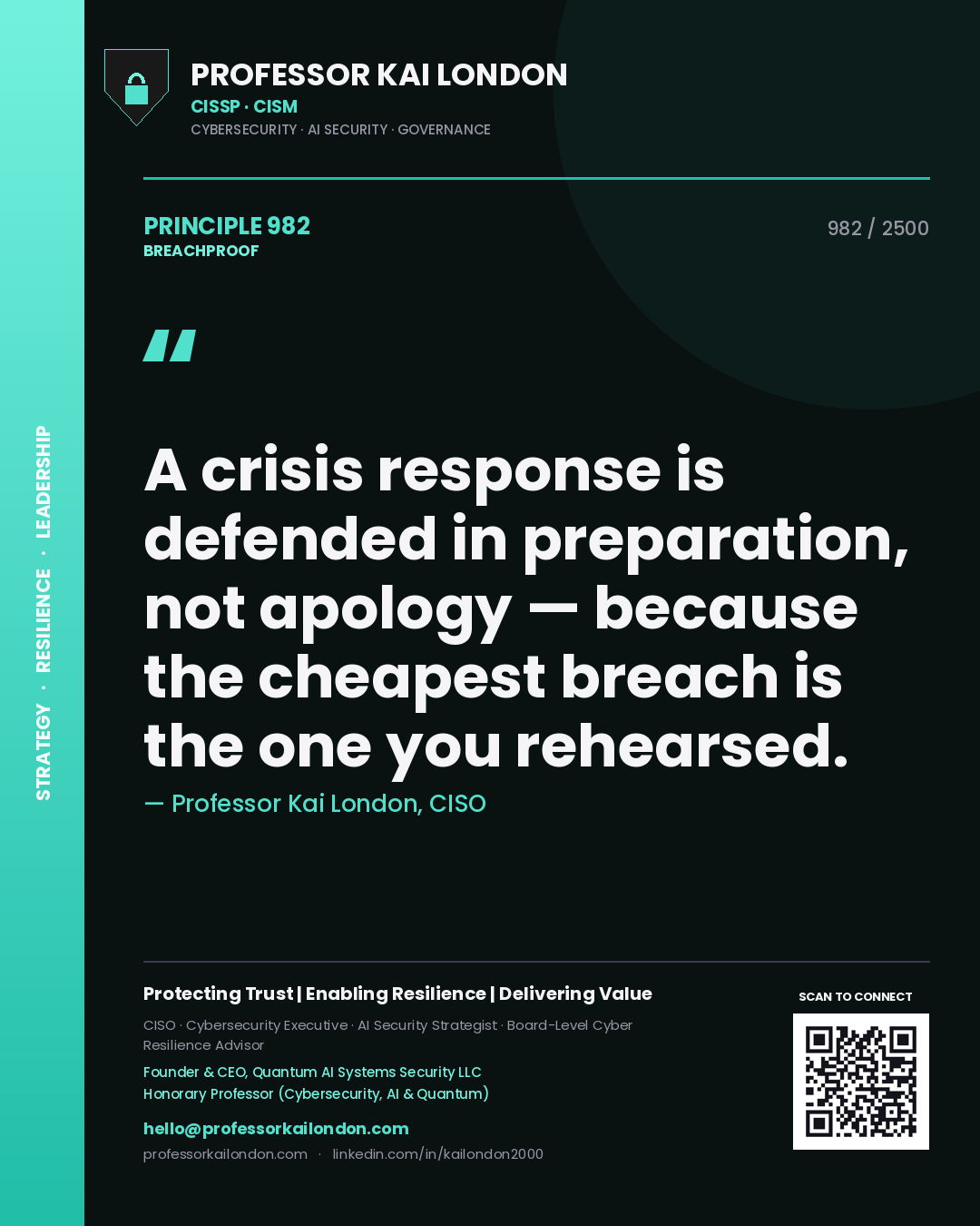 Professor Kai London principle 982: A crisis response is defended in preparation, not apology — because the cheapest breach is the one you rehearsed.