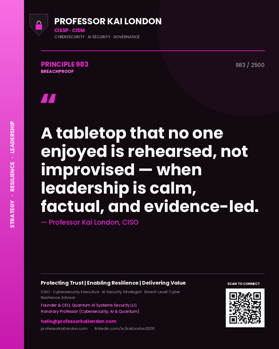 Quote card by Professor Kai London reading 'A tabletop that no one enjoyed is rehearsed, not improvised — when leadership is calm, factual, and evidence-led.'. From the book Breachproof.