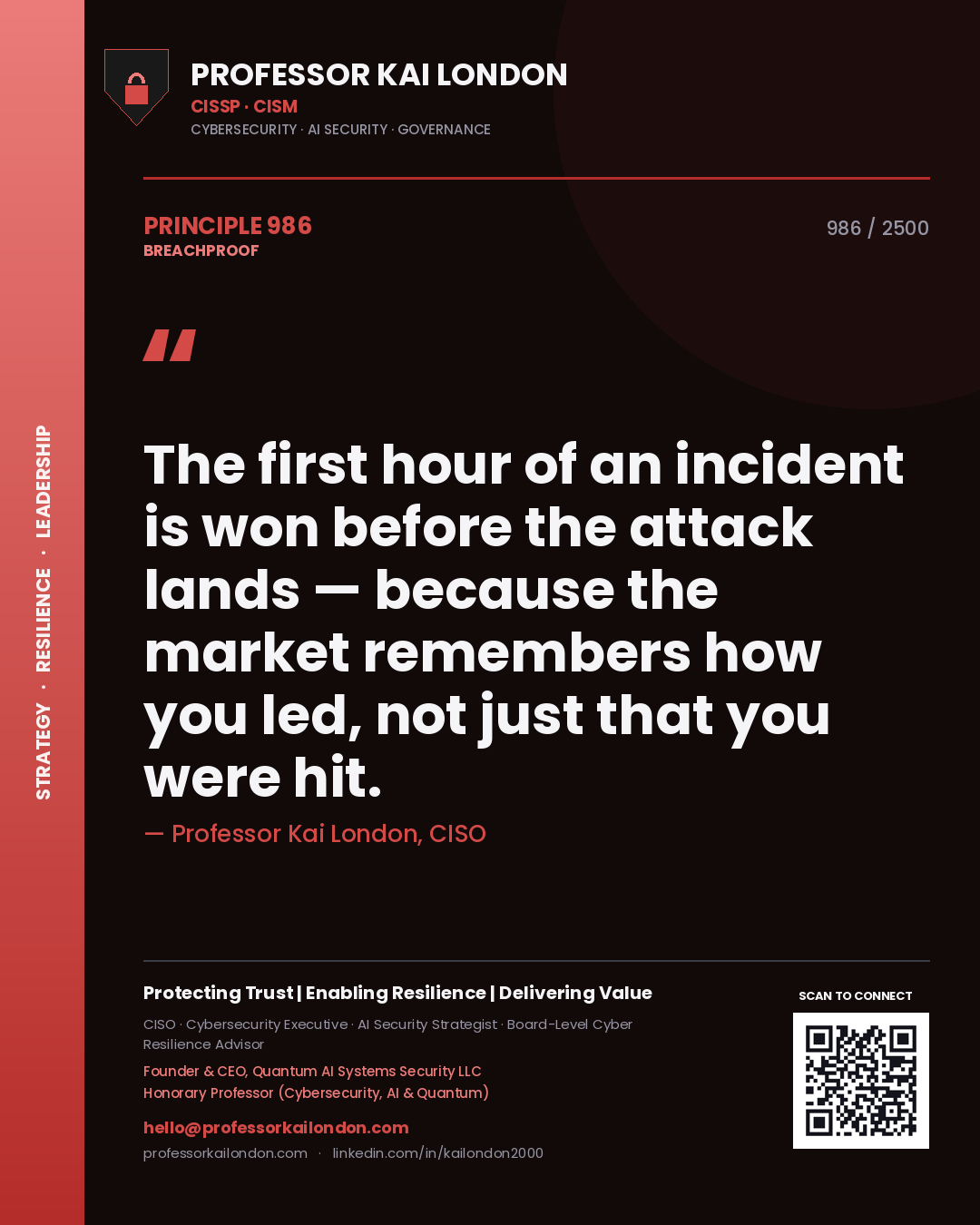 Quote card by Professor Kai London reading 'The first hour of an incident is won before the attack lands — because the market remembers how you led, not just that you were hit.'. From the book Breachproof.