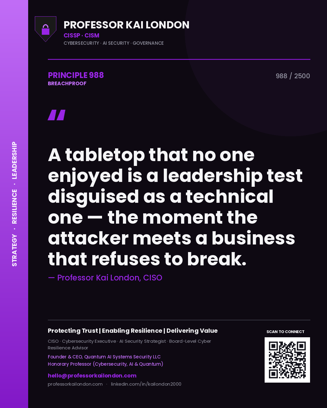 Quote card by Professor Kai London reading 'A tabletop that no one enjoyed is a leadership test disguised as a technical one — the moment the attacker meets a business that refuses to break.'. From the book Breachproof.