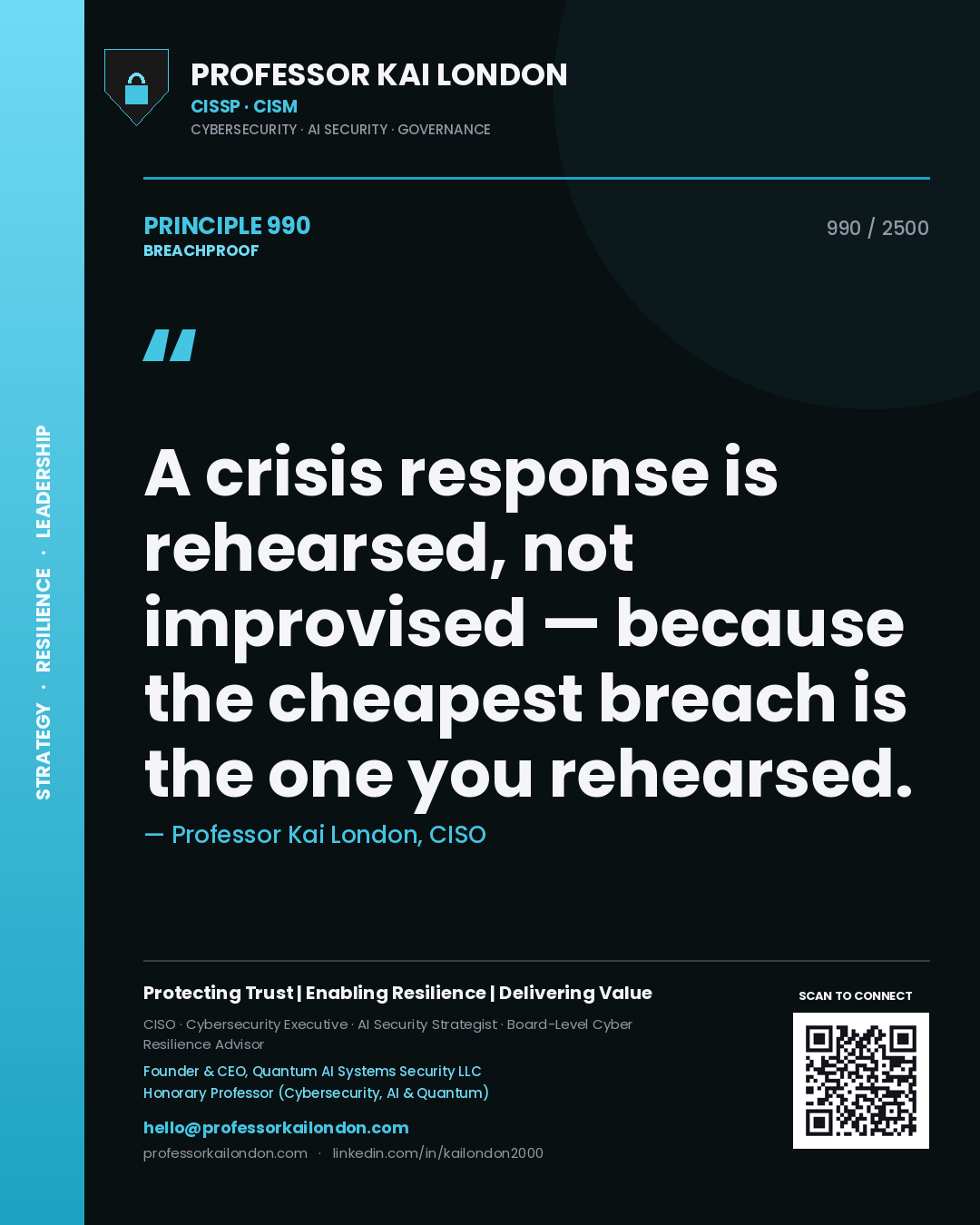 Quote card by Professor Kai London reading 'A crisis response is rehearsed, not improvised — because the cheapest breach is the one you rehearsed.'. From the book Breachproof.