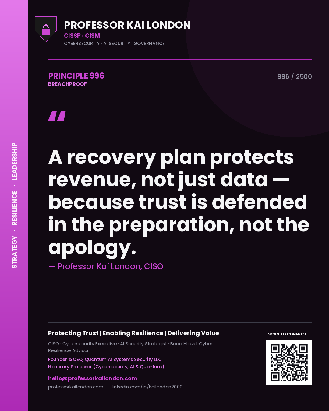Quote card by Professor Kai London reading 'A recovery plan protects revenue, not just data — because trust is defended in the preparation, not the apology.'. From the book Breachproof.