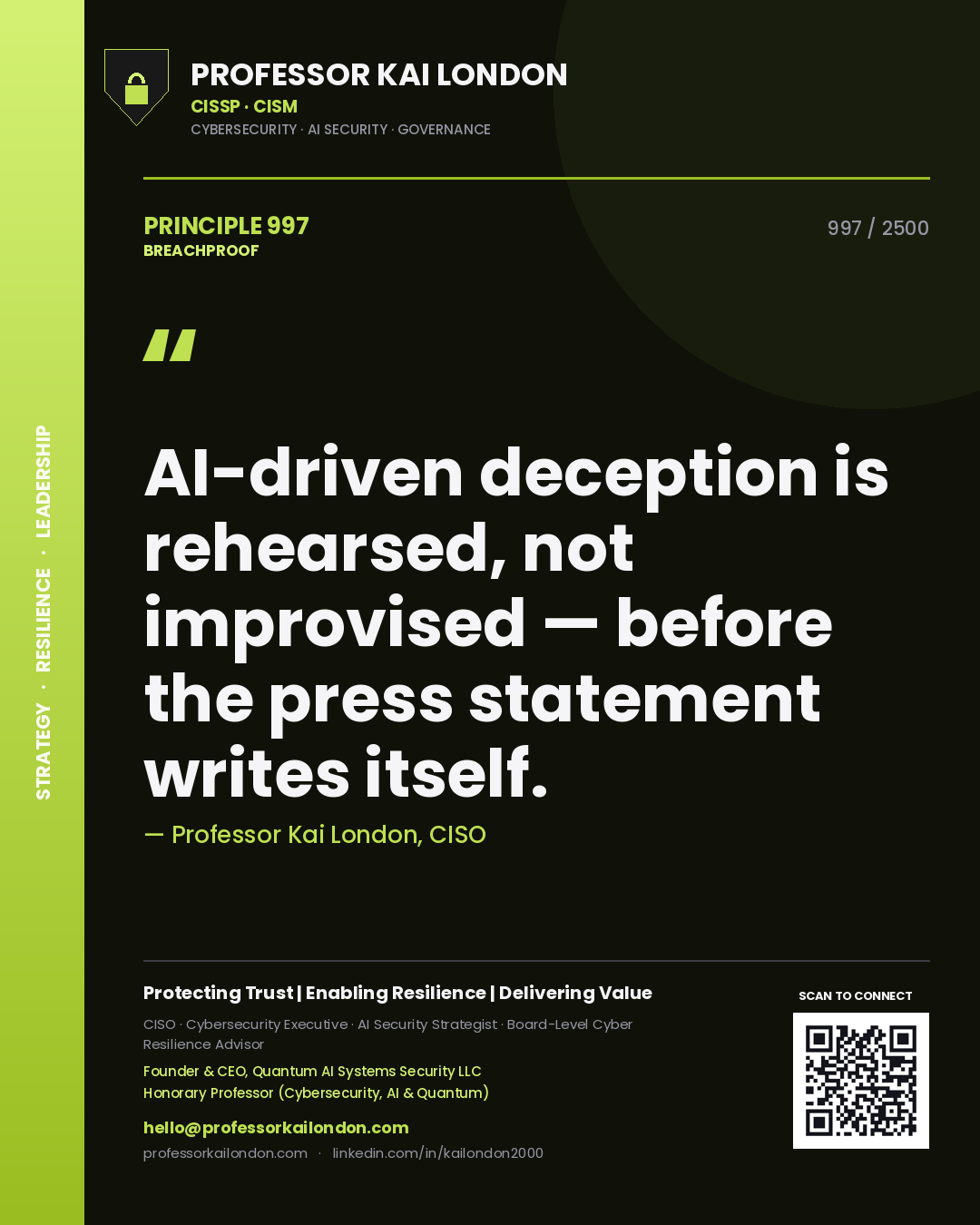 Professor Kai London principle 997: AI-driven deception is rehearsed, not improvised — before the press statement writes itself.