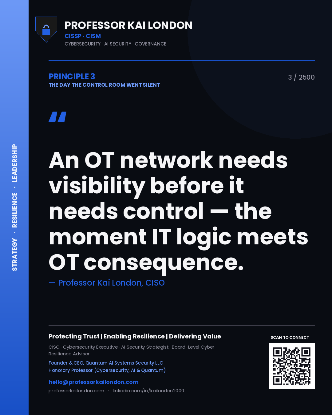 Professor Kai London principle 3: An OT network needs visibility before it needs control — the moment IT logic meets OT consequence.