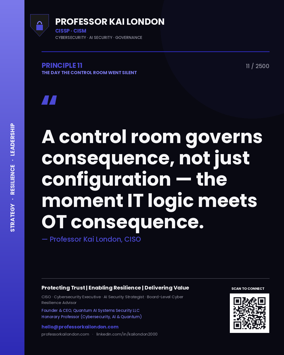 Professor Kai London principle 11: A control room governs consequence, not just configuration — the moment IT logic meets OT consequence.