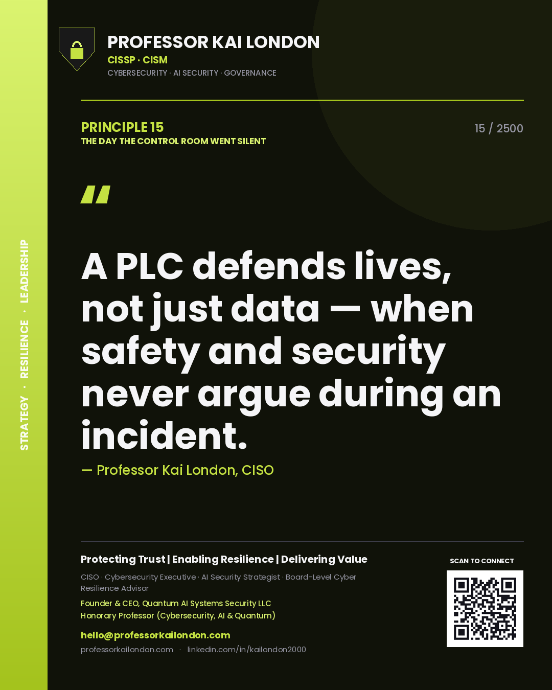 Quote card by Professor Kai London reading 'A PLC defends lives, not just data — when safety and security never argue during an incident.'. From the book The Day the Control Room Went Silent.