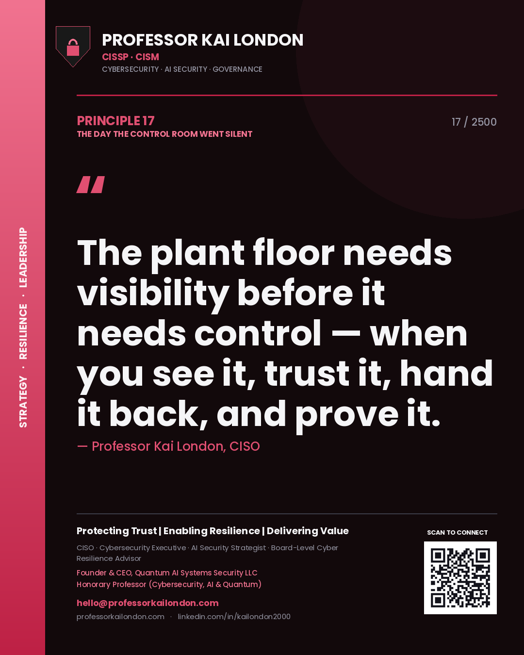 Quote card by Professor Kai London reading 'The plant floor needs visibility before it needs control — when you see it, trust it, hand it back, and prove it.'. From the book The Day the Control Room Went Silent.