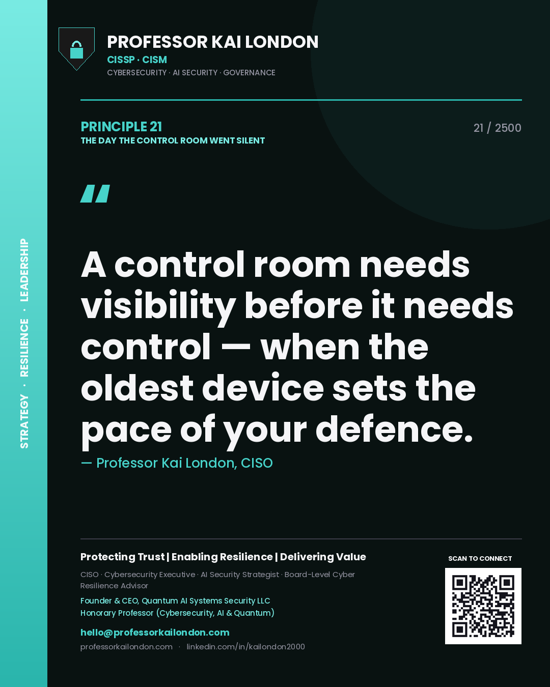 Quote card by Professor Kai London reading 'A control room needs visibility before it needs control — when the oldest device sets the pace of your defence.'. From the book The Day the Control Room Went Silent.