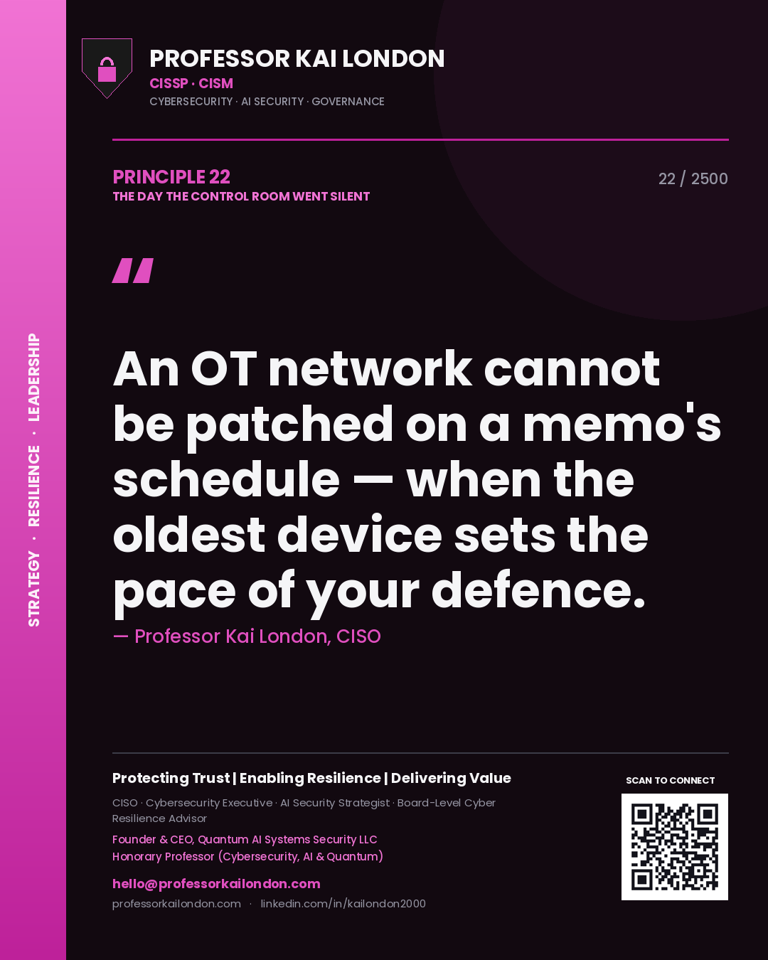 Professor Kai London principle 22: An OT network cannot be patched on a memo's schedule — when the oldest device sets the pace of your defence.