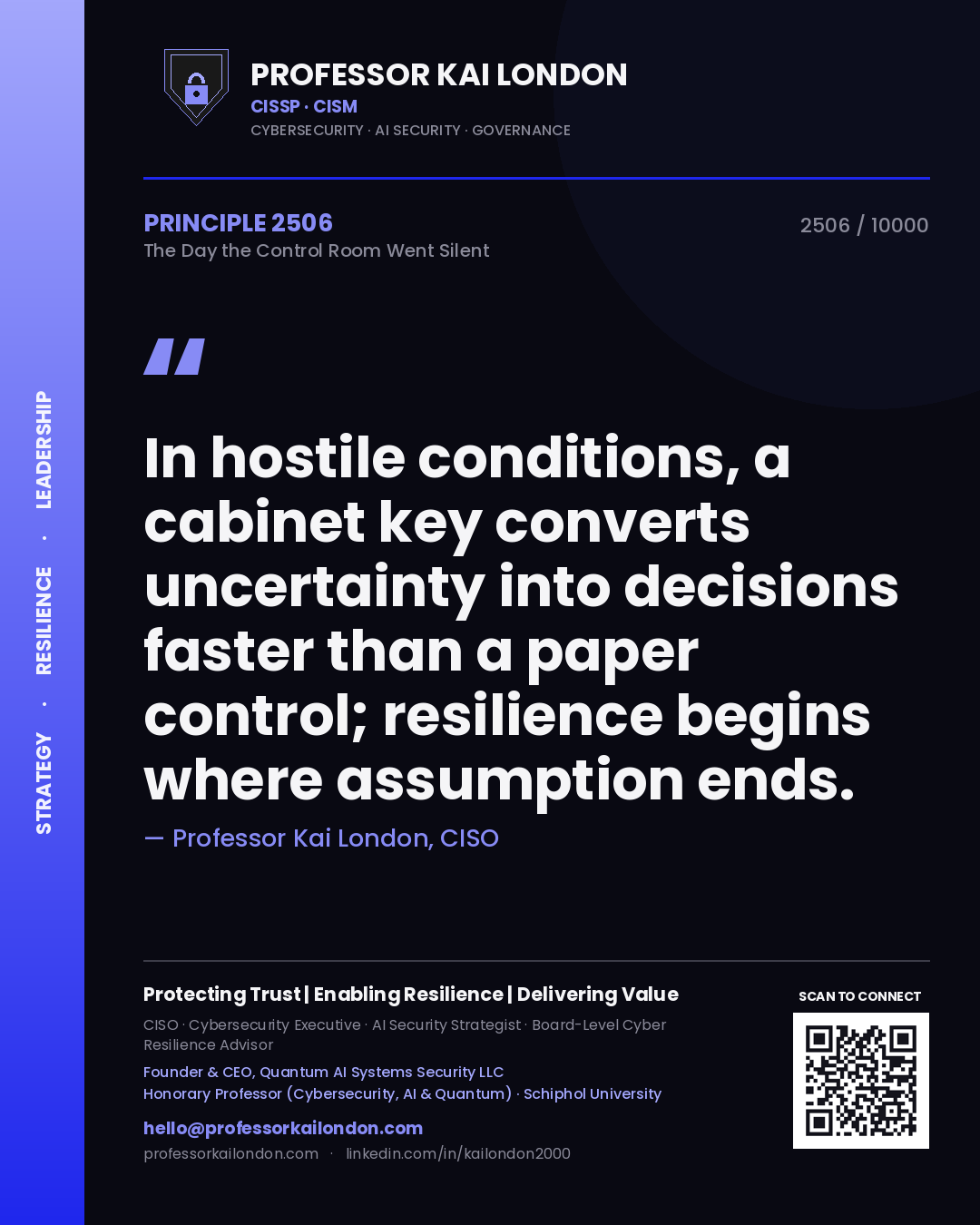 Quote card by Professor Kai London reading 'In hostile conditions, a cabinet key converts uncertainty into decisions faster than a paper control; resilience begins where assumption ends.'. From the book The Day the Control Room Went Silent.