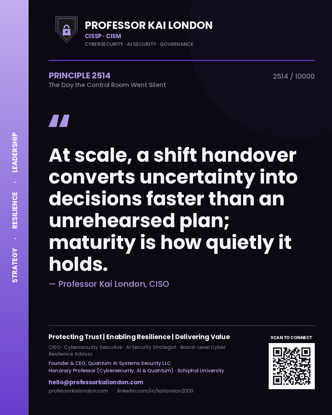 Quote card by Professor Kai London reading 'At scale, a shift handover converts uncertainty into decisions faster than an unrehearsed plan; maturity is how quietly it holds.'. From the book The Day the Control Room Went Silent.